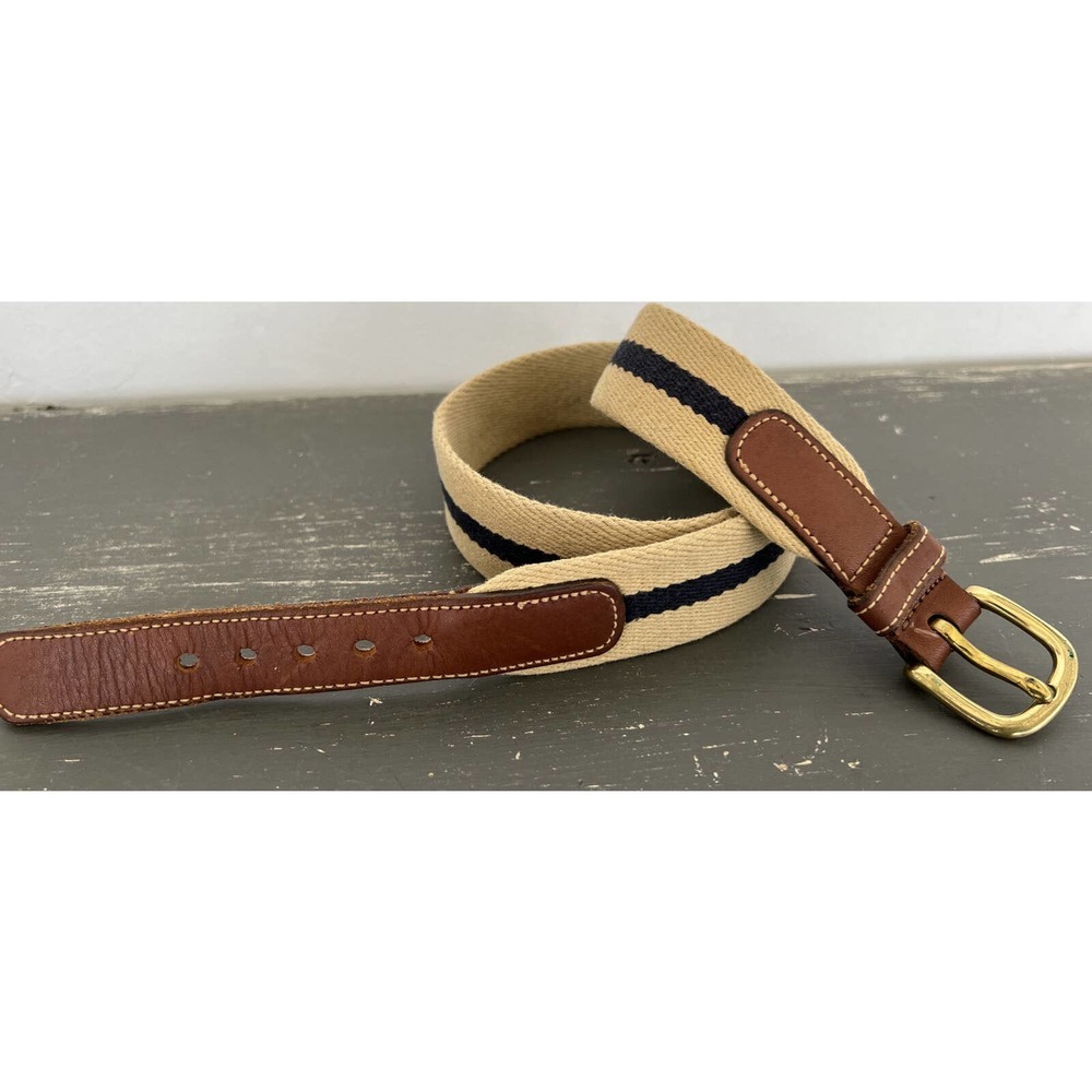 Brooks Brothers Web Belt Canvas Tan W/Navy Blue Stripe Leather Trim Brass Buckle